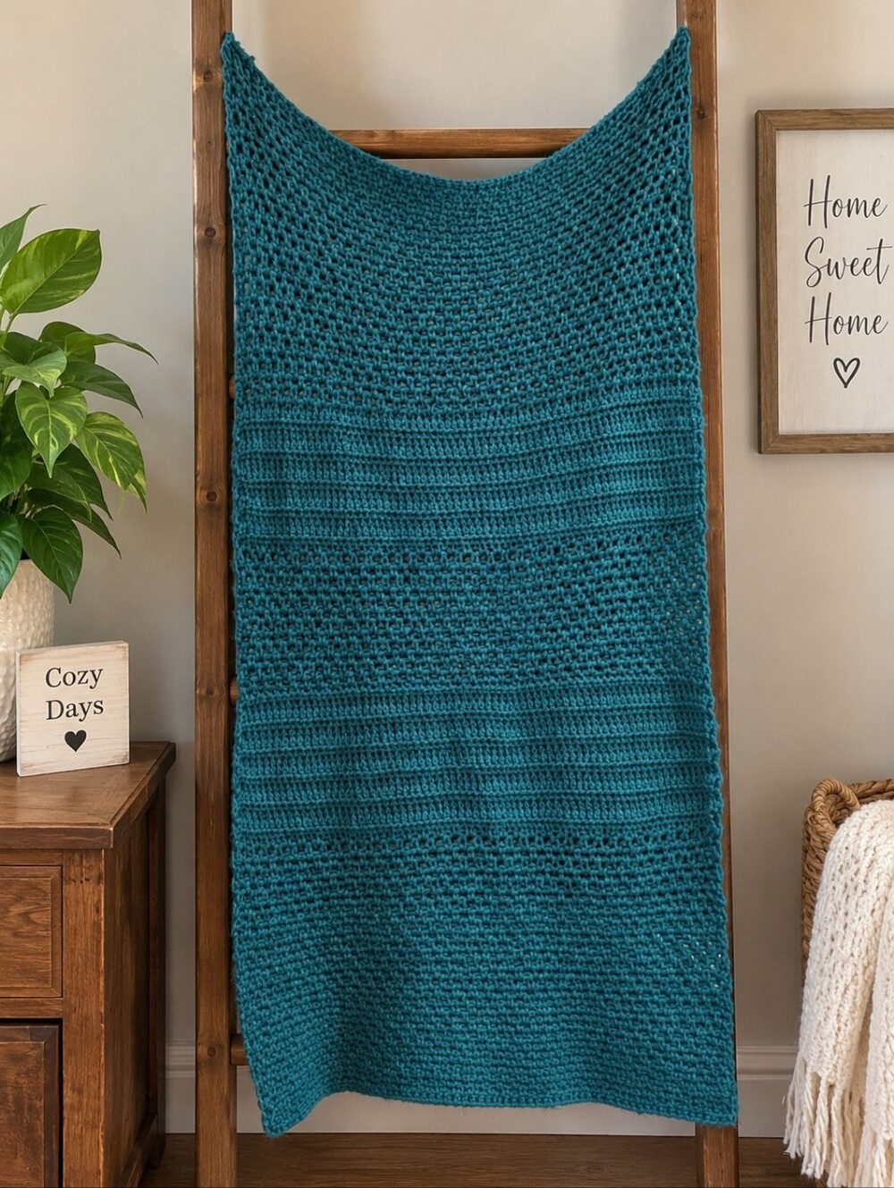 🧶 Handmade Knitted Throw Blanket – Teal Blue – 57” x 30” – New / Never Used